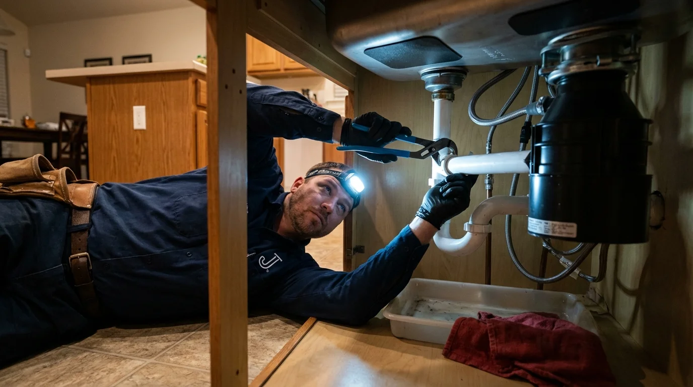 P-trap and supply line connections under a kitchen sink showing a common leak point in Blanding, UT